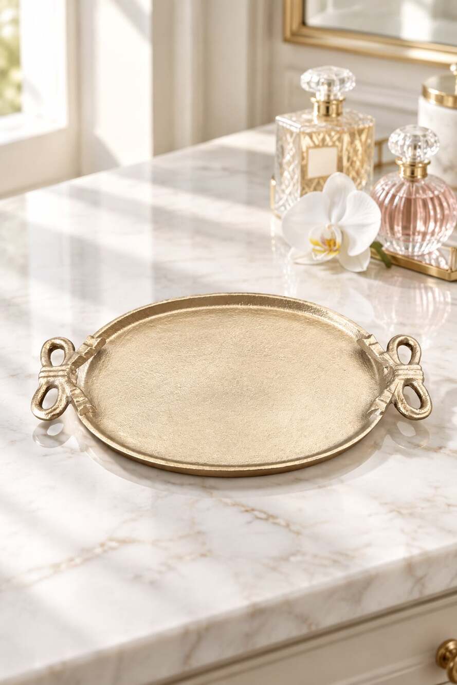 Unbranded Gold Decorative Oval Tray With Ribbon Handles